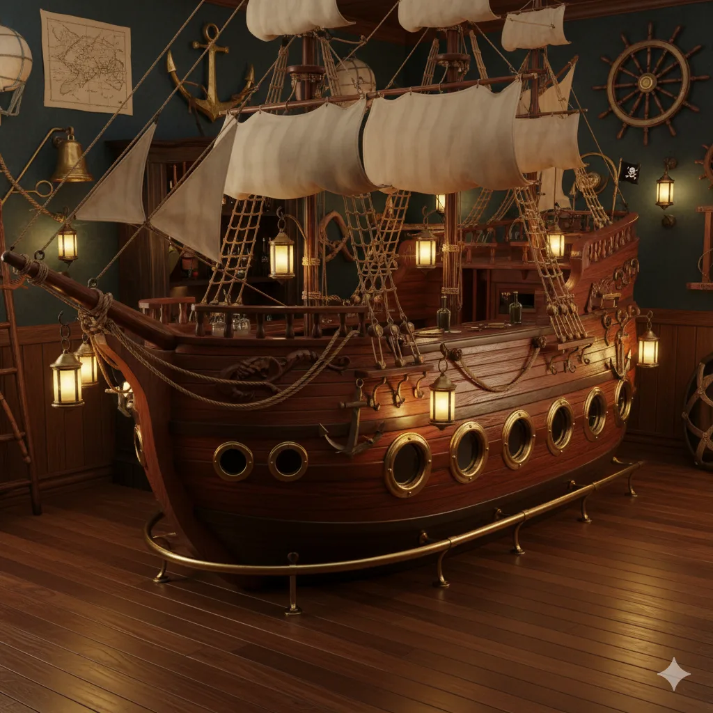 Embark on a Vintage Voyage - Discovering the Charm of the Wooden Pirate Ship Home Bar