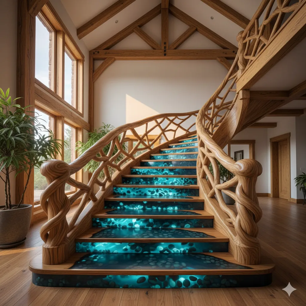 Elevate Your Interior Design with a Stunning Wood and Epoxy Pebble Staircase – blends natural beauty with modern artistry